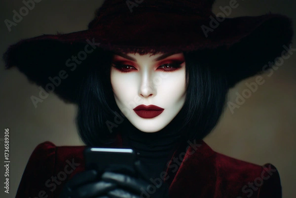 Fototapeta Woman in dark red hat with gothic makeup