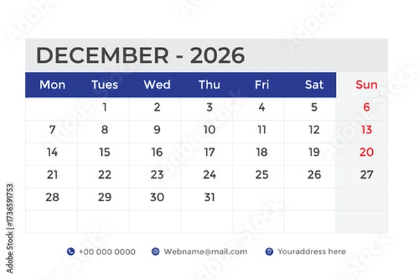 Obraz December Calendar 2026