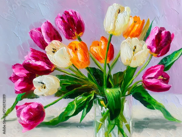 Fototapeta A realistic oil painting of a bouquet of tulips, with voluminous petals painted with a palette knife.