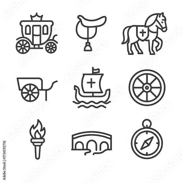 Obraz Bridge royal compass carriage icons cartwheel vector war kingdom icon saddle transport