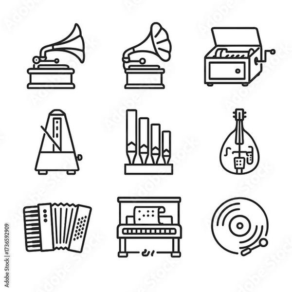 Obraz Gramophone phonograph pipes disc icons icon piano box organ accordion vector mechanical