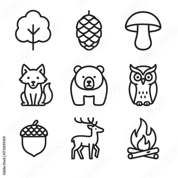 Obraz Bear cone life icon icons acorn pine deer tree vector forest fox