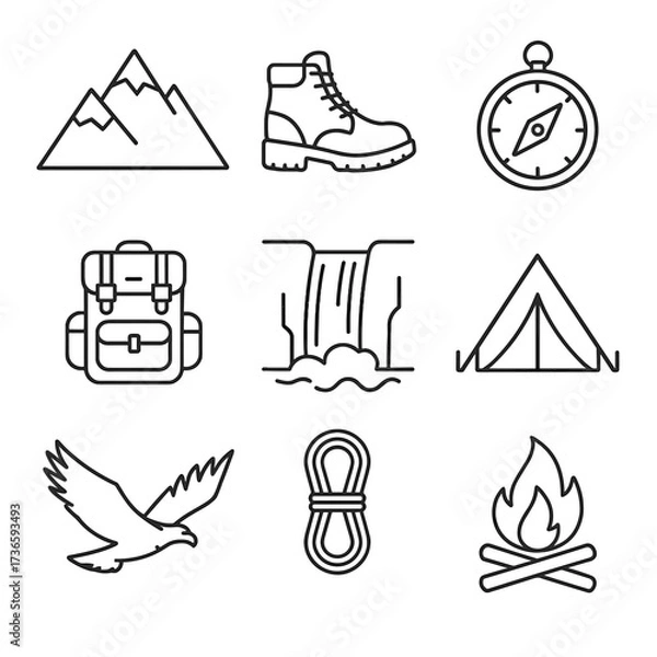Obraz Tent mountain waterfall compass eagle peak vector boot backpack rope set icon