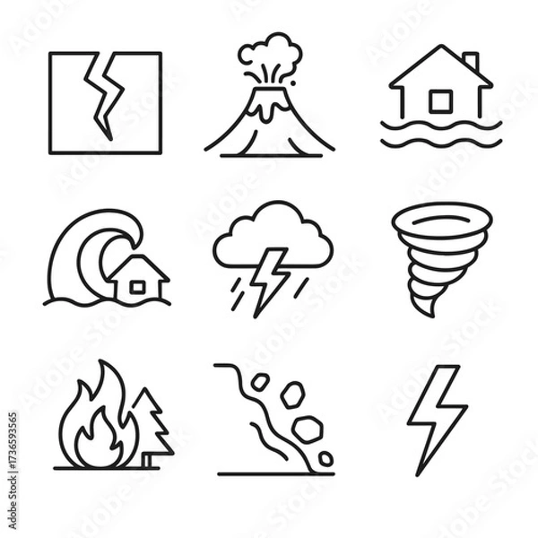 Obraz Icons earthquake wave icon vector natural lightning tornado tsunami landslide disasters crack