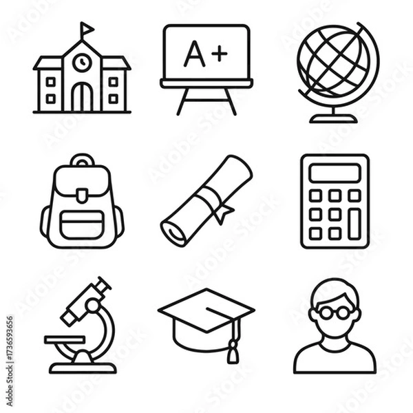 Obraz Cap diploma icon chalkboard building education backpack vector school grid globe icons