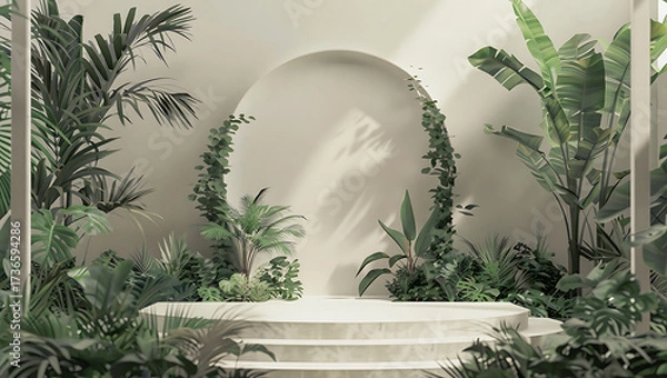 Fototapeta Minimalist stage with plants and archway
