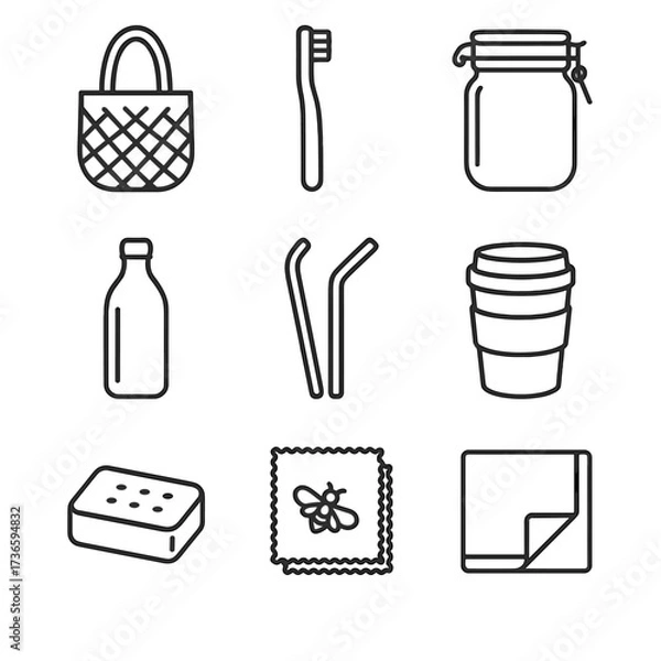 Obraz Bamboo beeswax icon wrap toothbrush reusable waste icons napkin soap vector zero