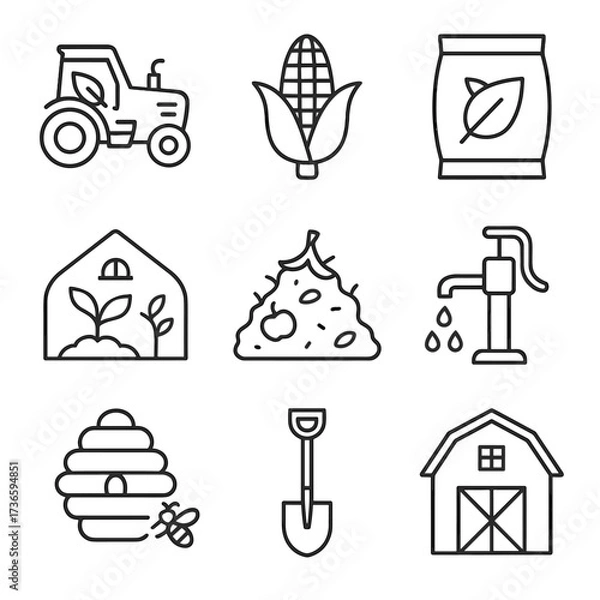 Obraz Compost pump farming eco shovel greenhouse vector pile tractor icon barn leaf