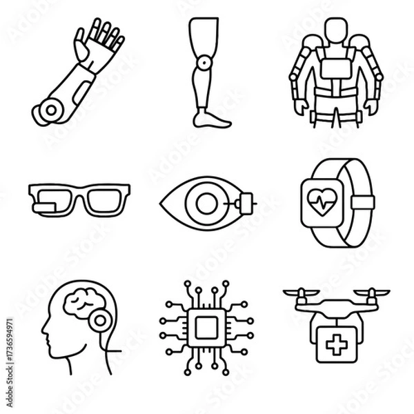 Obraz Prosthetic exoskeleton vector icon arm bionics sensors set leg medical chip neural