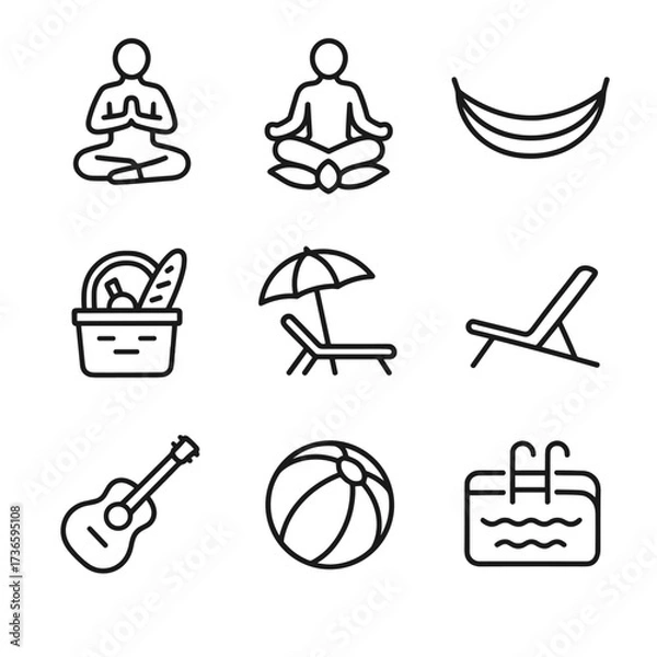Obraz Set hammock guitar umbrella icon lotus beach deck yoga basket vector relaxation