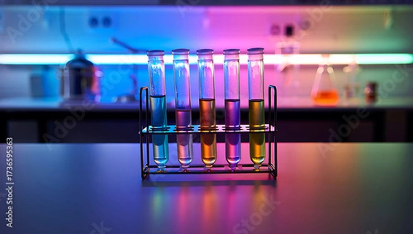 Fototapeta Test tubes with colorful liquids in a laboratory setting