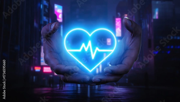 Fototapeta Neon heart with cardiogram in hands against a futuristic city