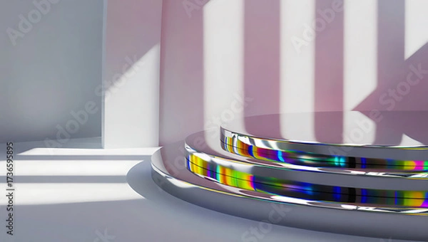 Fototapeta Abstract holographic ribbons on a pedestal in soft light