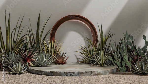 Fototapeta Desert plant display with stone podium and arch
