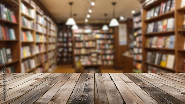 Fototapeta Wooden table in front of a blurred bookstore interior