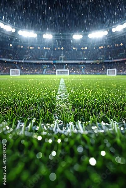 Fototapeta Rain falling on a green soccer field at a stadium