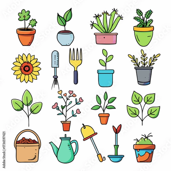 Fototapeta Cartoon Gardening Elements: Plants, Tools, and Accessories for Design