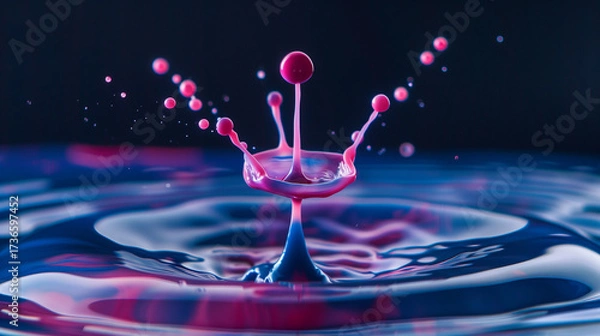 Fototapeta Macro photography of a pink paint drop falling into blue water with splash and tiny droplets on a dark background