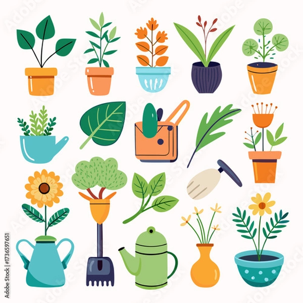 Obraz Collection of potted plants and gardening equipment vector art
