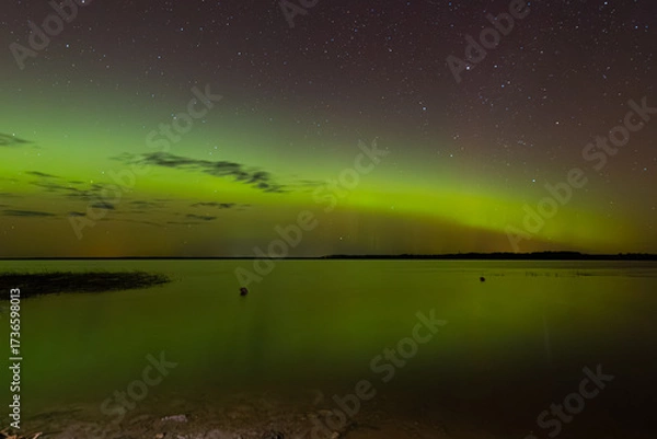 Fototapeta Bright green and red northern lights dance over a calm lake, casting vivid reflections on the water under a star-filled sky during a clear night.