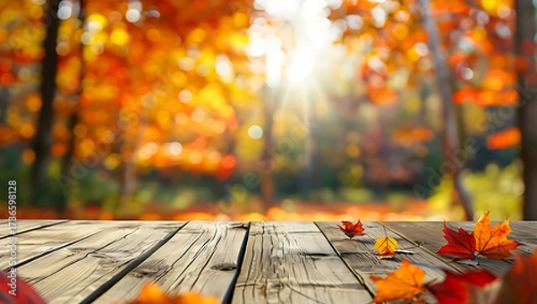 Fototapeta Wooden table with autumn leaves and sun rays in a forest setting