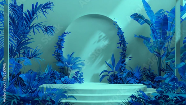 Fototapeta Abstract blue jungle with archway and podium