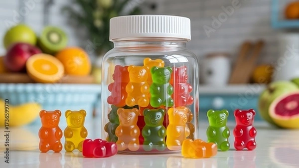 Fototapeta Clear bottles of gummy bear vitamins are placed in the kitchen with fruits in the background.