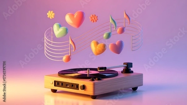 Fototapeta Vintage record player with vinyl records, hearts, musical notes and flowers floating to the beat of the music.