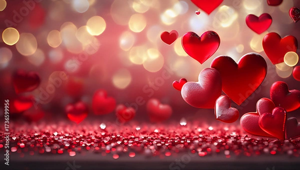 Fototapeta Romantic background with red hearts and bokeh lights