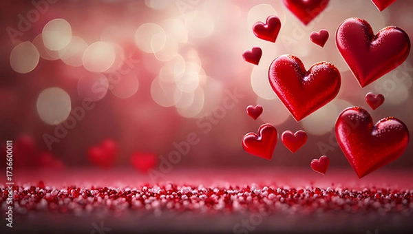 Fototapeta Red hearts floating on a sparkly background, valentines day theme
