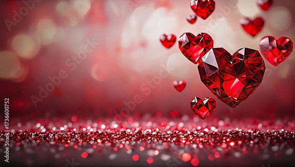 Fototapeta Sparkling ruby heart gems floating on red glitter background