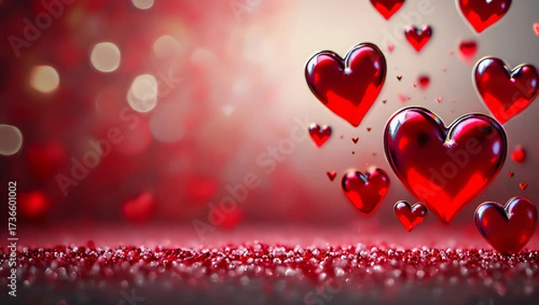 Fototapeta Red heart shapes floating with red glitter and bokeh lights