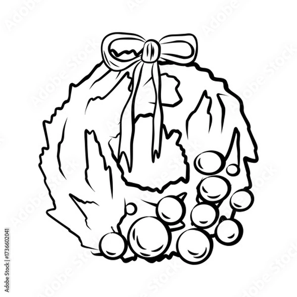 Fototapeta Linear illustration Christmas wreath with toys and bow. Christmas decorative element on white background.