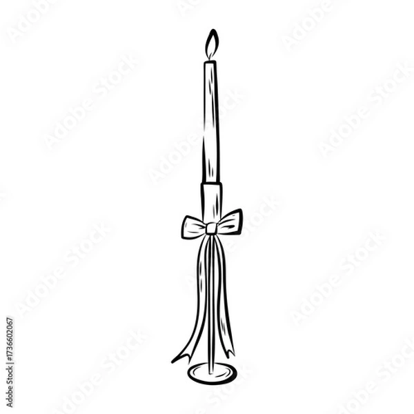 Fototapeta Hand-drawn andle on white background. Line illustration of candle with decorative bow. For cards, greetings and holidays.

