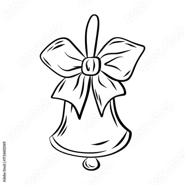 Fototapeta Linear illustration Christmas bell with bow. Christmas decorative element on white background for cards, greetings and holidays.
