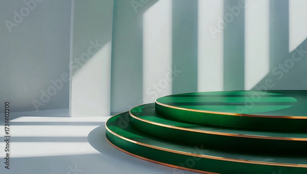 Fototapeta Green podium with gold trim in a minimalist studio with light and shadow