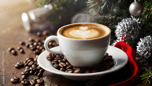 Fototapeta cup of coffee and christmas cookies