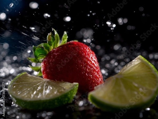 Fototapeta Strawberry and lime splashing in clear water on a black background