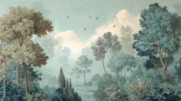 Obraz Wall painting with the image of trees and forest. Design for wallpaper, photo wallpaper, frescoes, wall painting and other works.