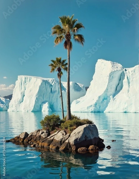 Fototapeta Tropical oasis among icebergs: surreal contrast of palm trees and glacial waters in pristine blue landscape