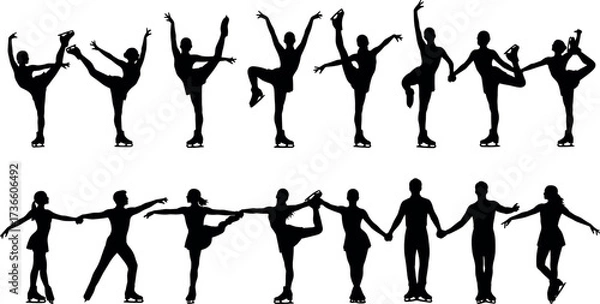 Obraz Figure skating silhouettes of solo and pair athletes performing spins, spirals, lifts, and elegant poses on ice in dynamic motion