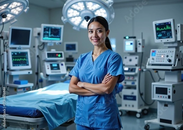 Fototapeta Confident medical professional in advanced operating room setting with modern equipment