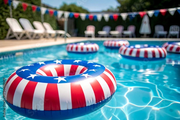 Fototapeta American flag inflatable rings float in bright blue swimming pool