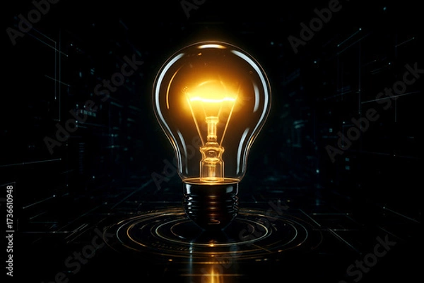 Obraz Glowing incandescent light bulb on dark digital background
