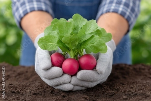Fototapeta Gardener holding freshly harvested radishes with vibrant green leaves, showcasing the connection between nature and agriculture in a rich, fertile soil environment