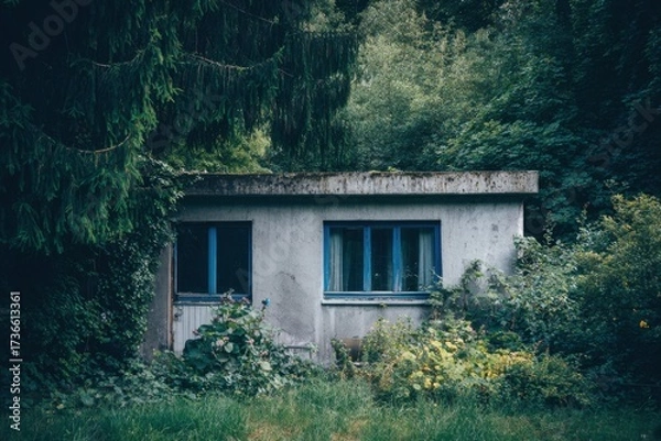 Fototapeta Overgrown house surrounded by dense foliage in a quiet forest setting capturing nature reclaiming space during a serene afternoon