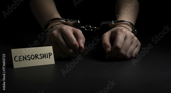 Obraz Person with hands cuffed and a sign reading "censorship"