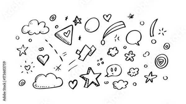 Fototapeta Hand drawn doodle sketch elements stars cloud hearts speech bubble abstract shapes design concept vector art