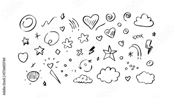 Fototapeta Doodle sketch vector art with heart star cloud circle arrow and lightning bolt hand drawn elements graphic design