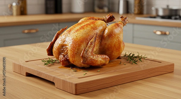 Obraz Roast chicken on a wooden board with seasonings.